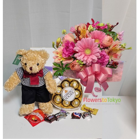 seasonal Pink Bouquet & teddy bear & Ferrero Rocher chocolates