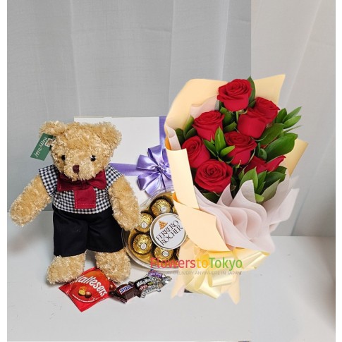Rose Bouquet & teddy bear & Ferrero Rocher chocolates